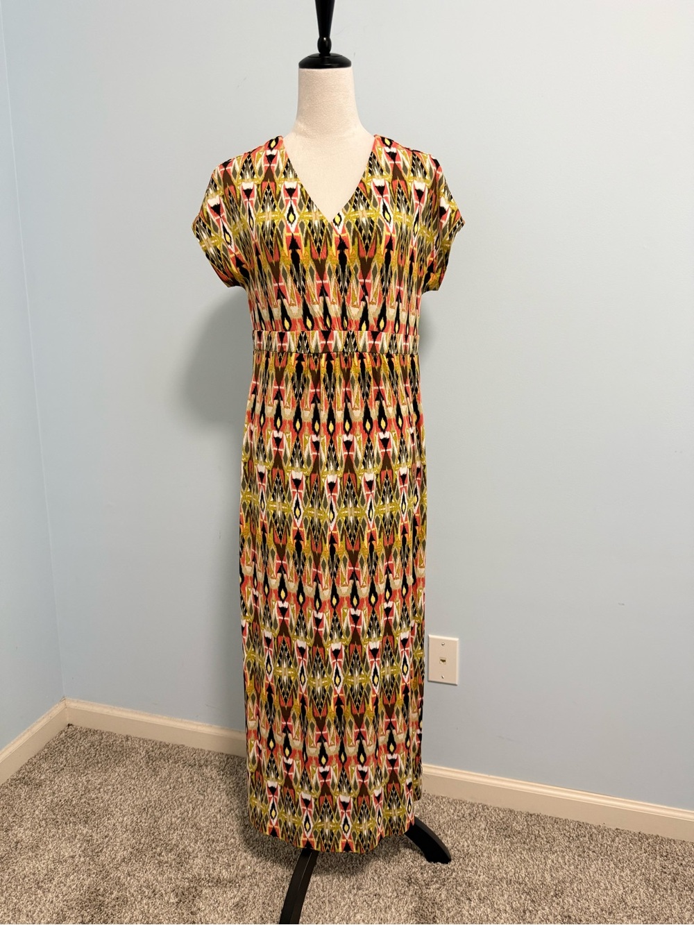 J Jill Green Ikat Geometric Print Rayon Knit Wrap Maxi Dress Size S Tall